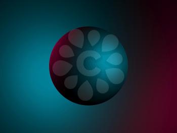 Triangular sphere illuminated with blue red lights over blurred background, 3d rendering illustration