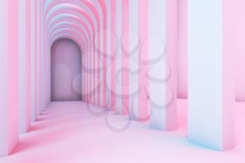 Empty corridor of arches with colorful illumination, abstract interior background. 3d rendering illustration