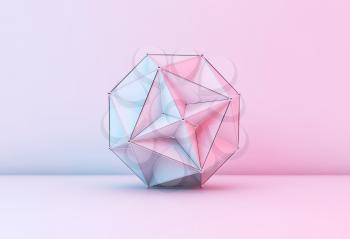 Abstract low-poly object with metal carcass is in empty studio with colorful illumination, 3d rendering illustration