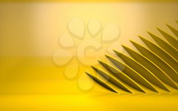 Abstract graphic background with illuminating yellow installation on wall. 3d rendering illustration