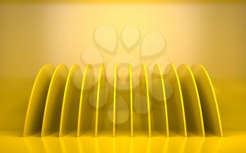 Abstract computer graphic background with illuminating yellow discs installation. 3d rendering illustration