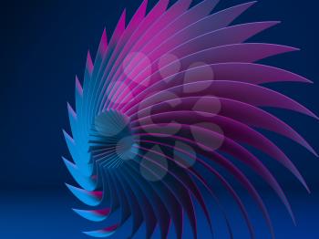 Abstract digital graphic pattern, neon colored bent spiral structure over dark blue background, 3d rendering illustration
