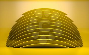 Abstract computer graphic background with parametric installation of shiny yellow discs. 3d rendering illustration