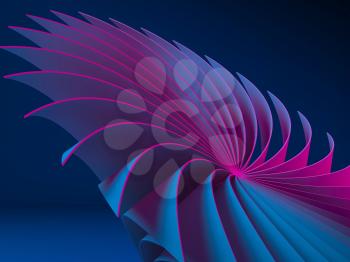 Abstract digital graphic pattern, bent spiral structure with vibrant neon illumination over deep blue background, 3d rendering illustration