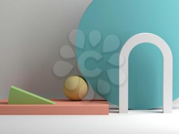 Abstract geometric still life installation with white arch and colorful primitives. 3d rendering illustration