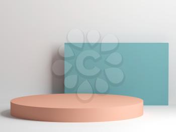 Abstract geometric installation with pink podium. An empty place for product presentation. 3d rendering illustration