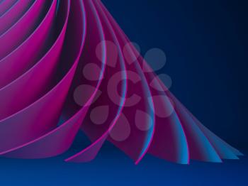 Abstract digital design pattern, neon colored bent leaves structure over dark blue background, 3d rendering illustration