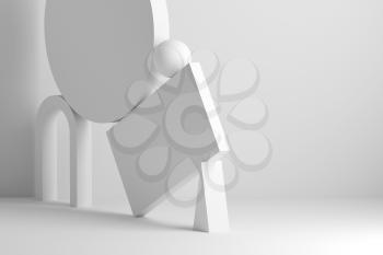 Abstract equilibrium still life installation with white arch and balancing primitives. 3d rendering illustration