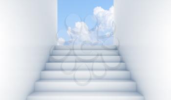 White stairway goes up to the open exit, abstract empty interior background under cloudy sky at daytime, front view, 3d rendering illustration 