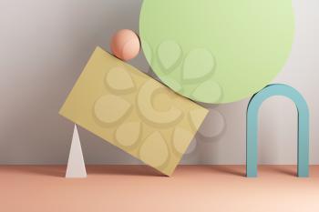 Abstract still life installation with arch and colorful balancing primitives. 3d rendering illustration