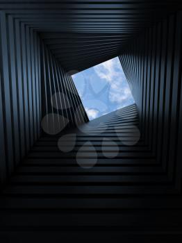 Abstract dark twisted tunnel with white square window at the end, parametric geometric background. 3d rendering illustration