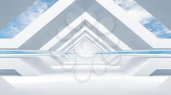 Abstract empty white tunnel perspective with cloudy sky on a background. 3d rendering illustration
