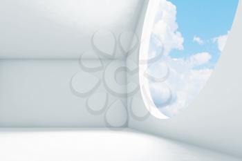 Abstract white interior background, empty room with cloudy sky behind large round window. 3d rendering illustration