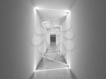 Empty white tunnel perspective view with concrete floor, matte walls and LED stripes illumination. Front view, abstract minimal interior background. 3d rendering illustration