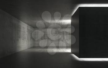Abstract empty concrete interior background, dark room with neon illuminated box installation, 3d rendering illustration
