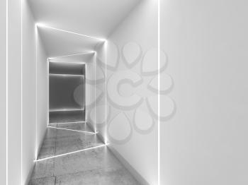 Empty white tunnel perspective view with polished concrete floor, matte walls and LED stripes illumination. Abstract minimal interior background. 3d rendering illustration