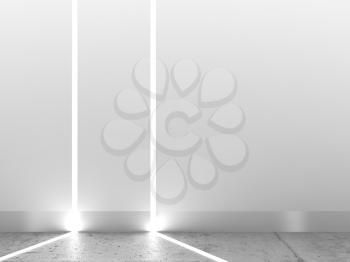 Abstract interior background. White matte wall, concrete floor  and LED stripes illumination, 3d rendering illustration