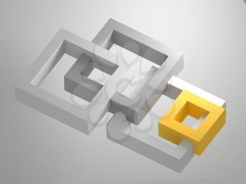 Abstract geometric installation of connected gray and yellow square frames over white background with soft shadow. 3d rendering illustration
