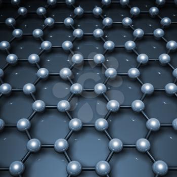Graphene layer structure molecular model, hexagonal lattice made of carbon atoms. Blue toned 3d render