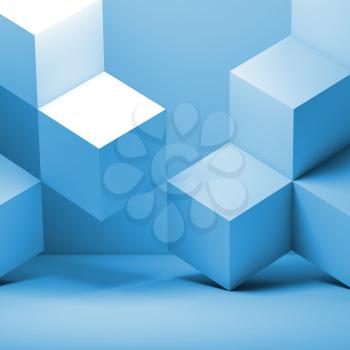 Blue cubes installation, abstract geometric background. 3d rendering illustration