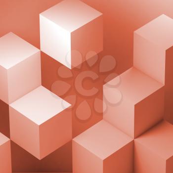Geometric cubes installation, abstract red toned digital background. 3d rendering illustration