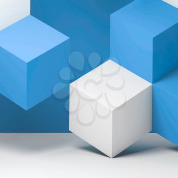 White blue cubes geometric installation, abstract digital background. 3d rendering illustration