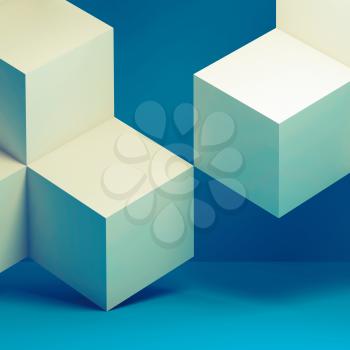 White and blue cubes installation, abstract digital background. 3d rendering illustration