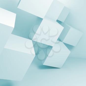 White cubes installation in empty interior, abstract digital background. Square 3d rendering illustration