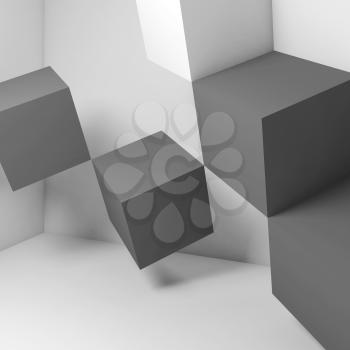 White and gray cubes installation in empty room, abstract digital background. 3d rendering illustration