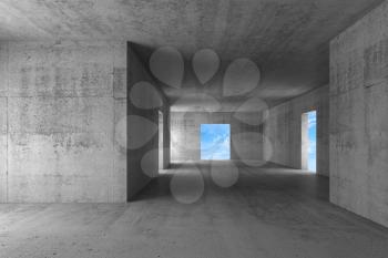 Abstract empty gray concrete interior with blue cloudy sky behind empty doorways. 3d rendering illustration