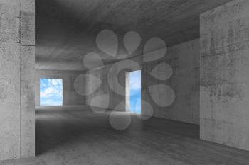Abstract empty concrete interior with blue sky behind empty doorways. 3d rendering illustration