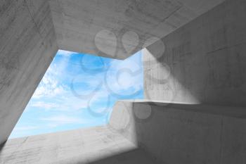 Empty abstract concrete interior with blue sky behind a window opening. Modern minimalism architecture background, 3d render illustration