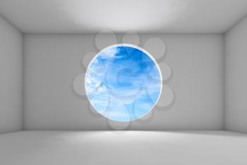 Abstract white interior, empty room with cloudy sky behind a round window, front view. Background, 3d rendering illustration