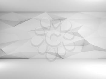 Abstract empty white interior, cgi background with polygonal mosaic pattern on the wall, 3d rendering illustration