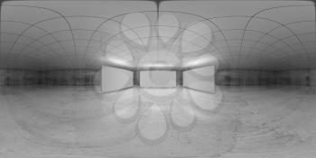 360 degree spherical seamless vr panorama. Abstract empty white interior with three stands installation, HDRI environment map of an exhibition gallery with walls made of concrete. 3d illustration