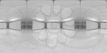 360 degree spherical seamless vr panorama. Abstract empty white interior with stands installation, HDRI environment map of an exhibition gallery with walls made of concrete. 3d render illustration