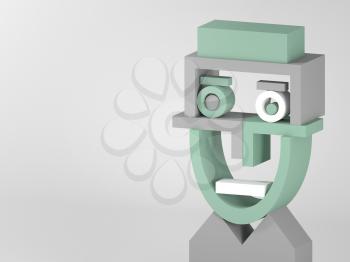 Surreal face, geometric installation. Abstract equilibrium still life with gray, green and white primitive shapes. 3d rendering illustration