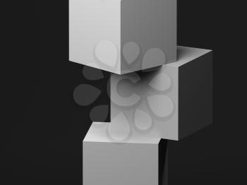 Abstract installation of white cubes over black wall. 3d rendering illustration