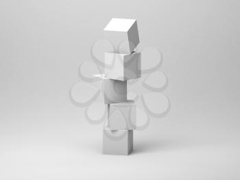 Abstract tower installation of five white cubes in an empty studio room. 3d rendering illustration