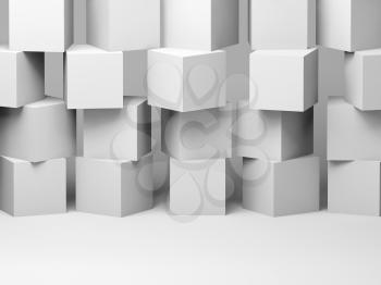 Abstract cubes wall installation in a white studio room. 3d rendering illustration