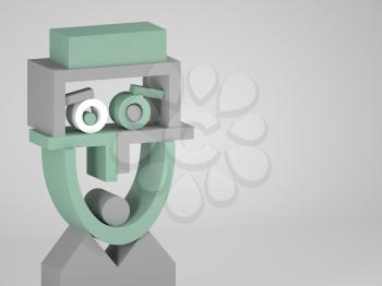Surreal confused face, geometric installation. Abstract equilibrium still life with gray, green and white primitive shapes. 3d rendering illustration