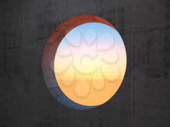 Dark concrete wall with an empty round light window, sunset sky on a background. 3d rendering illustration