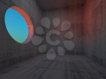 Abstract dark concrete interior background, an empty room with round light window. 3d rendering illustration