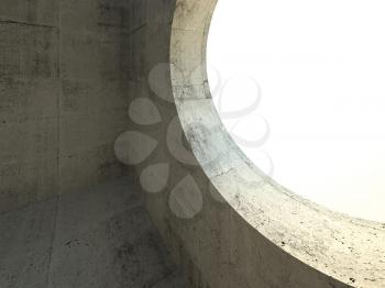 Abstract concrete interior, empty room with round light window. 3d rendering illustration