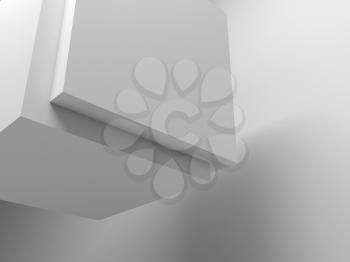 Abstract minimal geometric installation, blank white box corner with soft shadow over white wall background. 3d rendering illustration