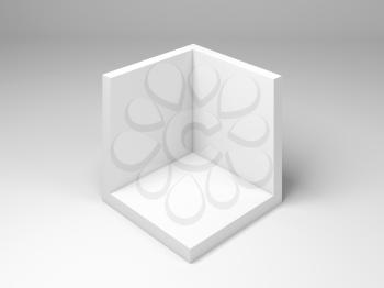 Abstract white geometric installation with an empty box package mockup. 3d rendering illustration