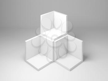 Abstract white geometric installation with pyramid of empty boxes, package mock up. 3d rendering illustration