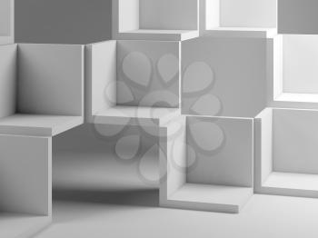 Abstract geometric background with installation of white empty cube covers in a blank white studio interior, 3d rendering illustration