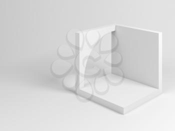 Abstract white architectural installation with an empty cube block with arch, 3d rendering illustration