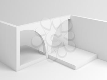 Abstract white architectural installation of an empty cube blocks with arches, 3d rendering illustration